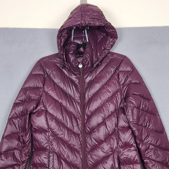 Calvin Klein Down Puffer Jacket Womens Medium Purple Hooded Packable Long Coat - Picture 5 of 16